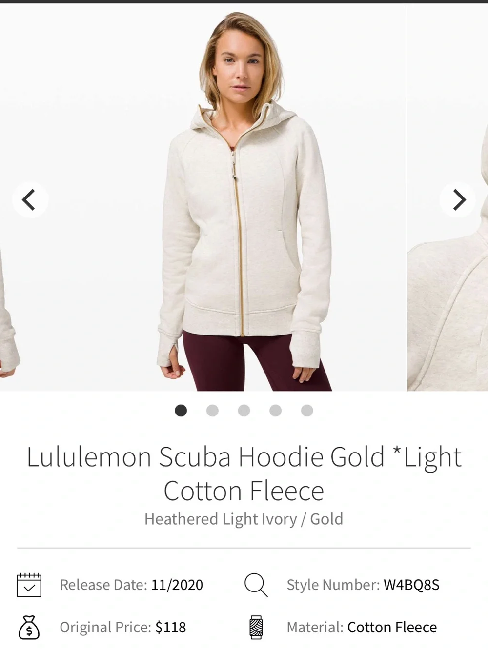 lululemon athletica Scuba Hoodie - Heathered Light Ivory with Gold Zip